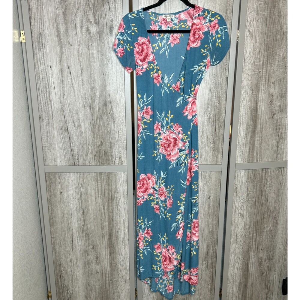 Billabong Maxi Dress Size S Wrap Floral V Neck Short Sleeves High Low Hem